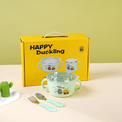 → Alt: Children’s Tableware Set including stainless steel bowl, water cup, and utensils