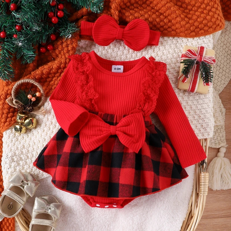 Baby girl Christmas style pit stripe splicing lace plaid triangle bag fart jacket set side view