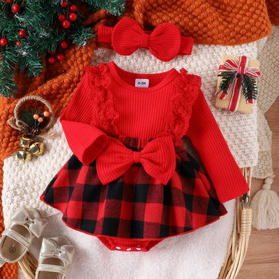 Baby girl Christmas style pit stripe splicing lace plaid triangle bag fart jacket set side view