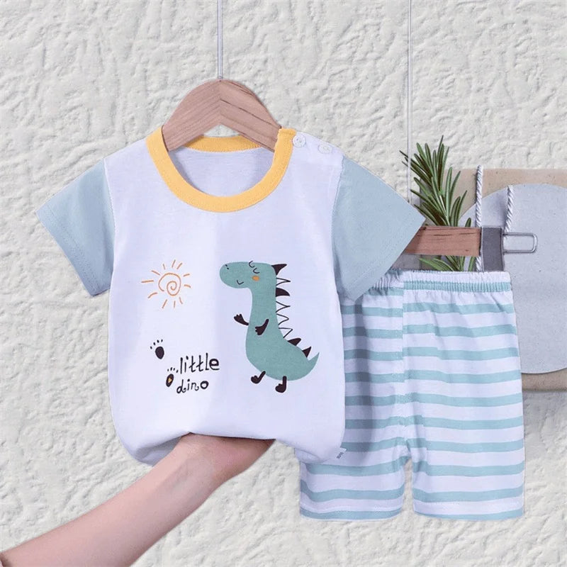 Summer t-shirt-shorts-2-piece-clothing-set with cartoon dinosaur design