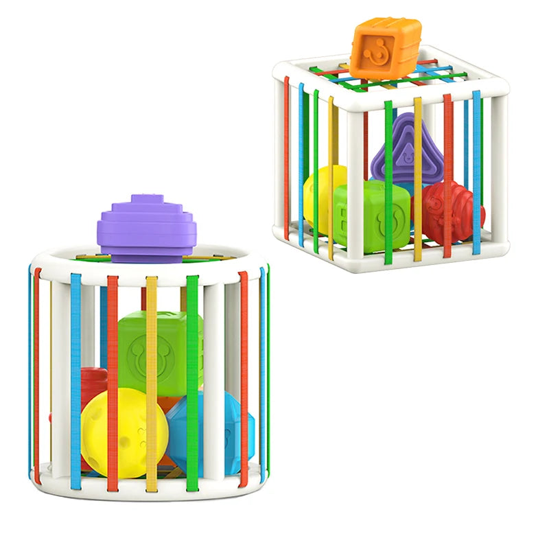 Baby Montessori Geometric Shape Blocks Toys with Colorful Cube Box