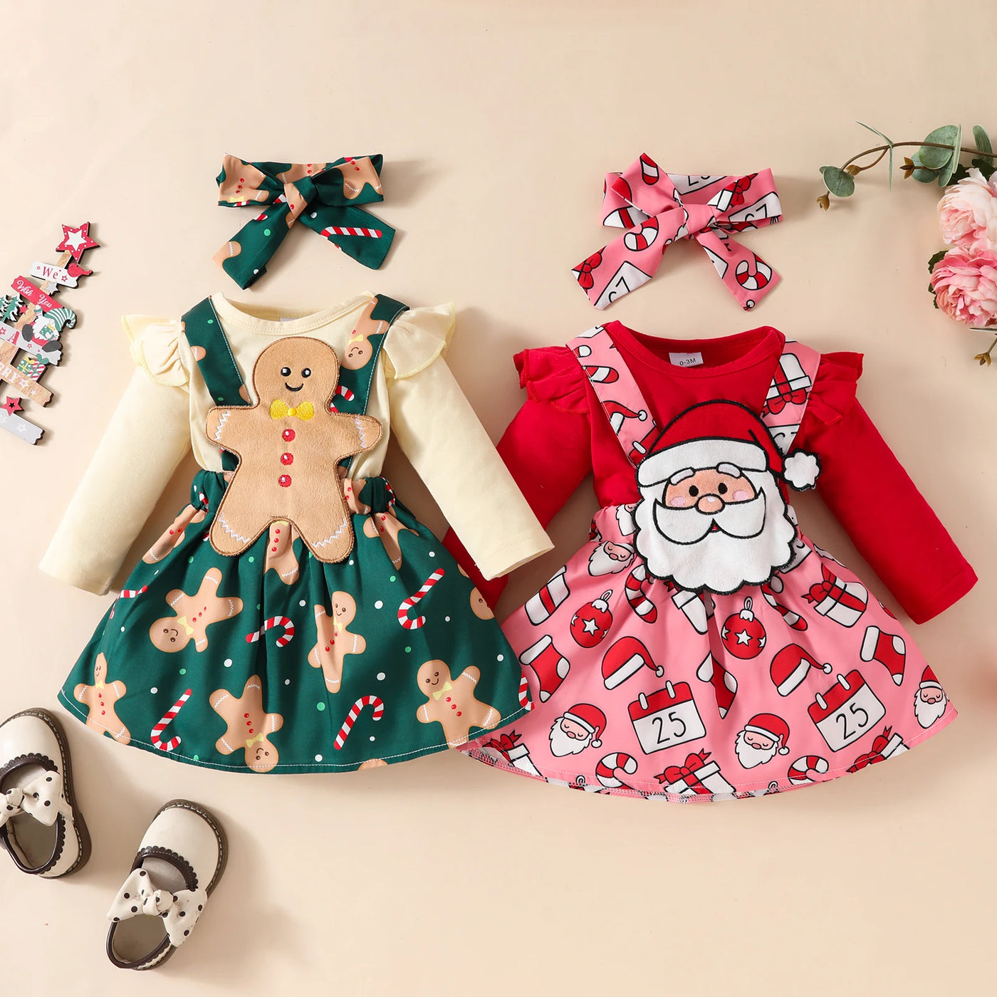 Baby Christmas long sleeved top suspender skirt set front view