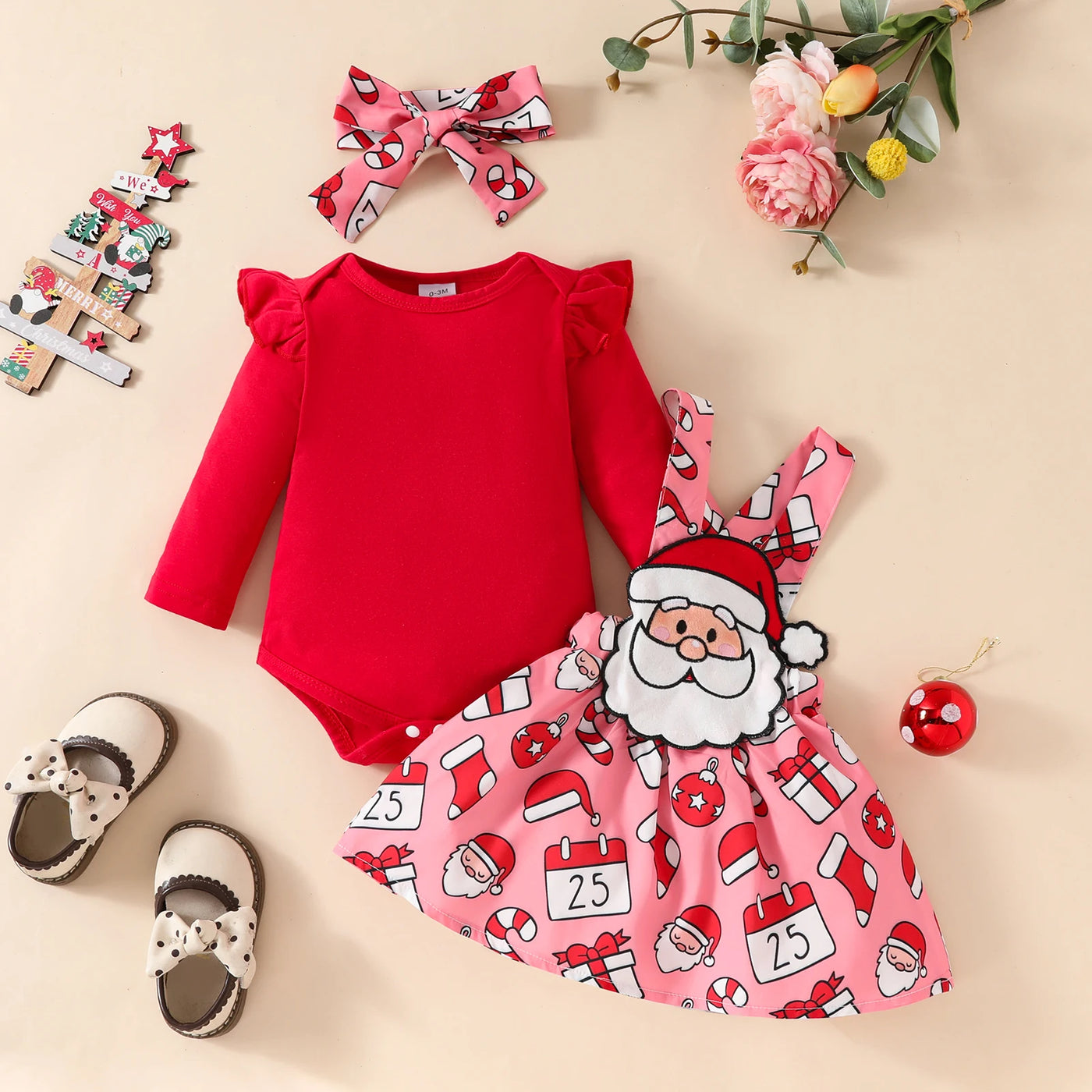 Cute Baby Christmas long sleeved top suspender skirt set outfit for girls