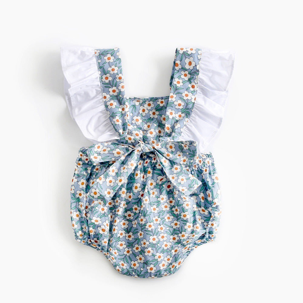 Floral baby jumpsuit outfit displayed on white background