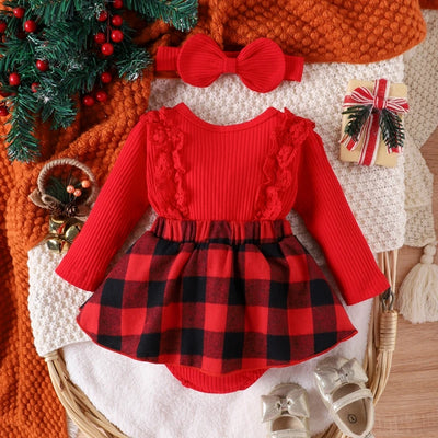 Cute Baby girl Christmas style pit stripe splicing lace plaid triangle bag fart jacket set outfit