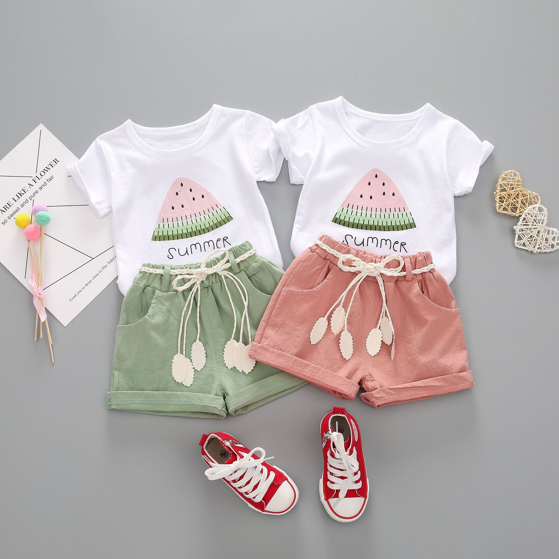 “Girls Summer Short Sleeve Suit in Korean style with T-shirt and shorts”