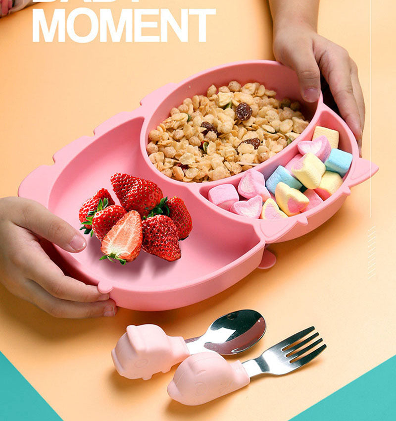 Side view of Silicone Baby Dinner Plate with fork and spoon