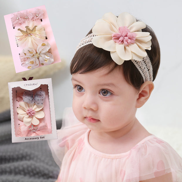 New Baby Hairband Korean Style Bow Flower Children's Hair Accessories Headband Guard Fontanelle Crown Jewelry Set Gift Box