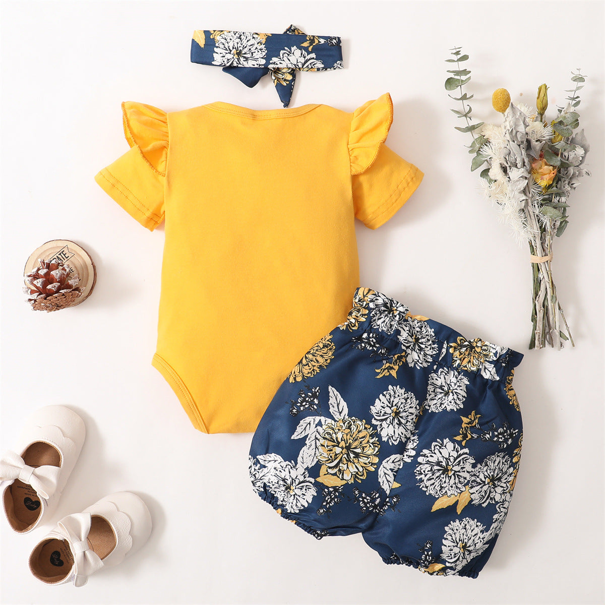 Baby Girl Ruffle Summer Clothes Set with plain bodysuit and floral shorts