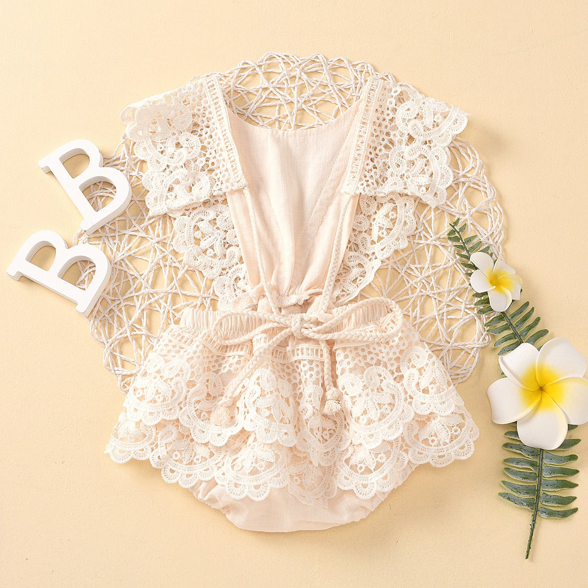Solid Color Backless Lace Up Baby Jumpsuit flat lay display
