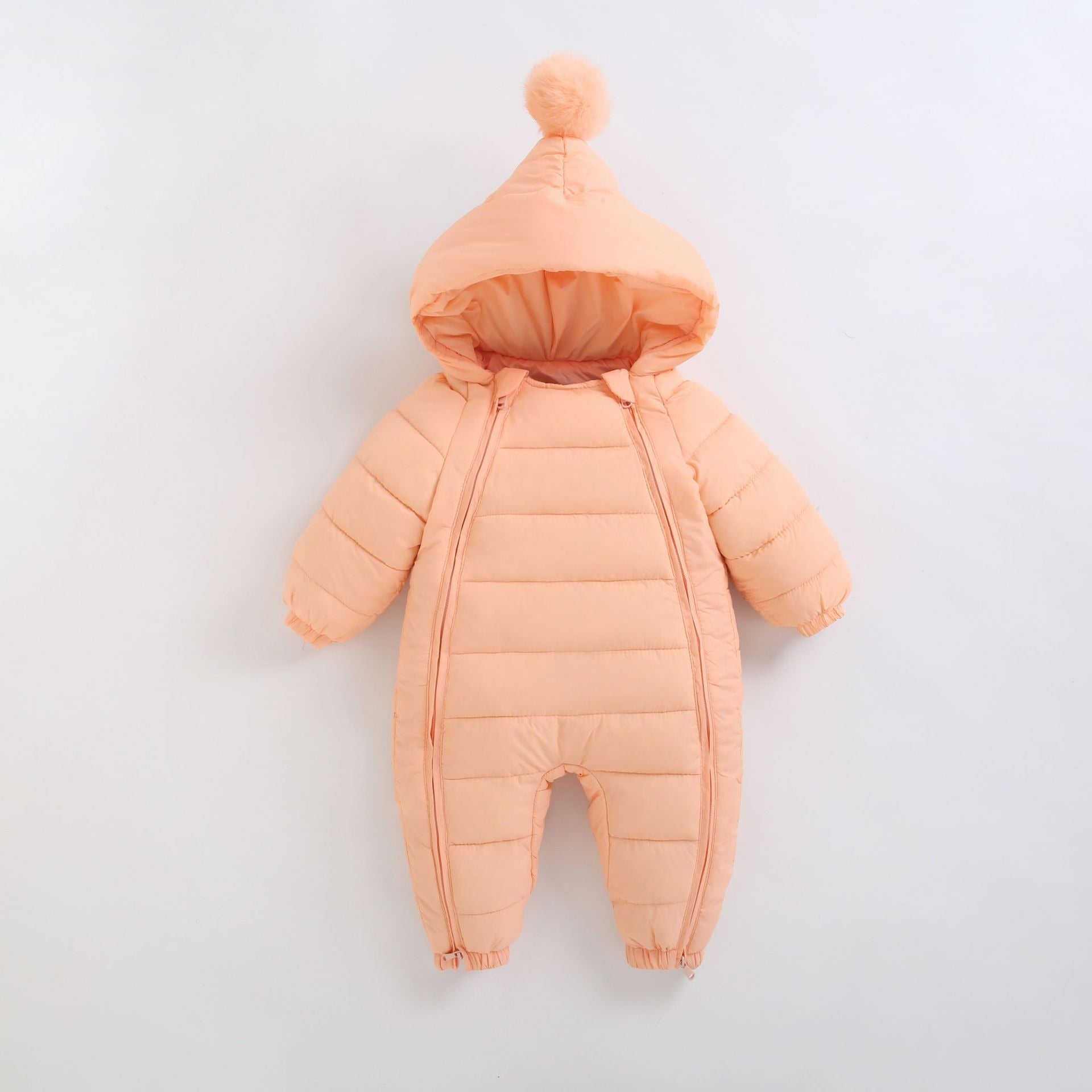 alt="Warm Baby Winter Jumpsuit showing zip closure and elastic cuffs"