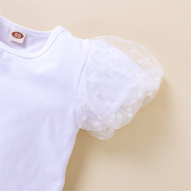 Baby Girls Two-Piece Clothes Outfit Mesh Dot Printed Short Sleeve T-Shirt + Flare Plaid Pants Children Clothes