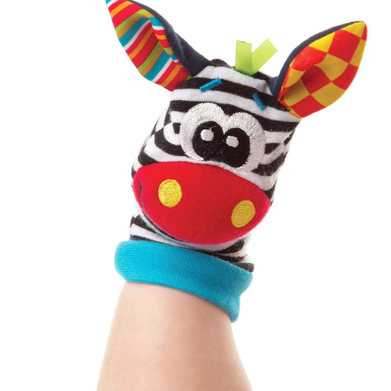 Infant wearing Baby Wrist Bell Socks with wrist straps