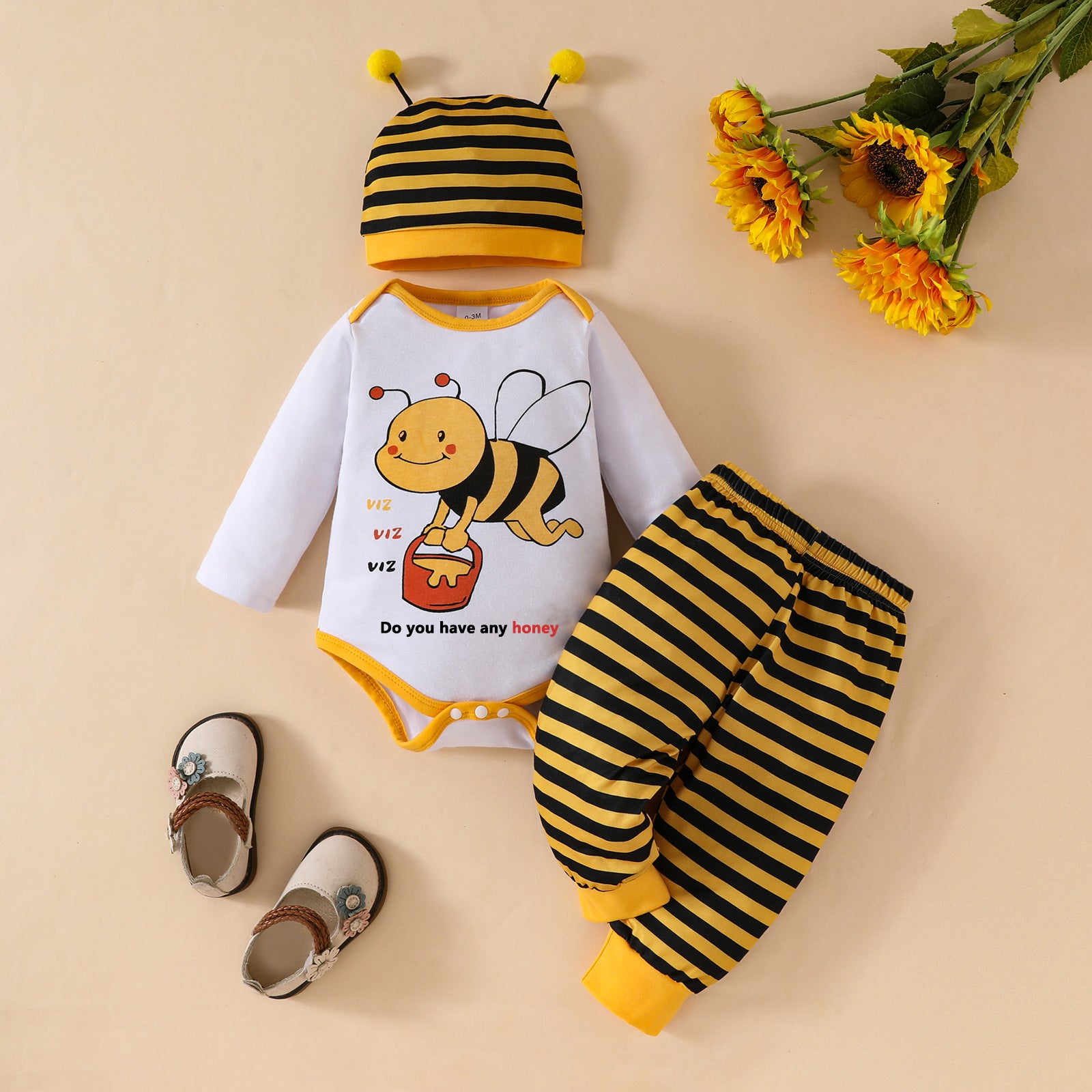 Cute baby boy, baby girl little bee pattern long-sleeved pants + tentacle hat set