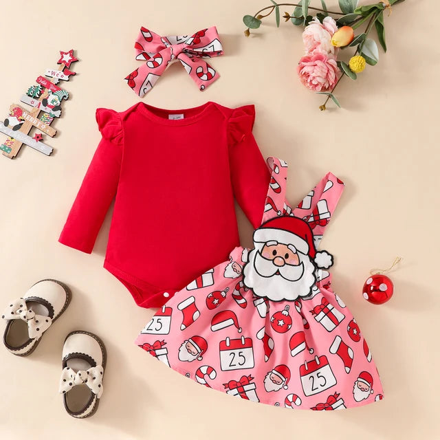 Stylish Baby Christmas long sleeved top suspender skirt set for celebrations