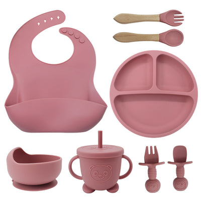 "Baby using 8PCS Mother and Baby Silicone Bibs, Silicone Dinner Plates, Eight-Piece Set, Baby Food Training Suction Cup Bowl, Baby Divided Tableware Set"