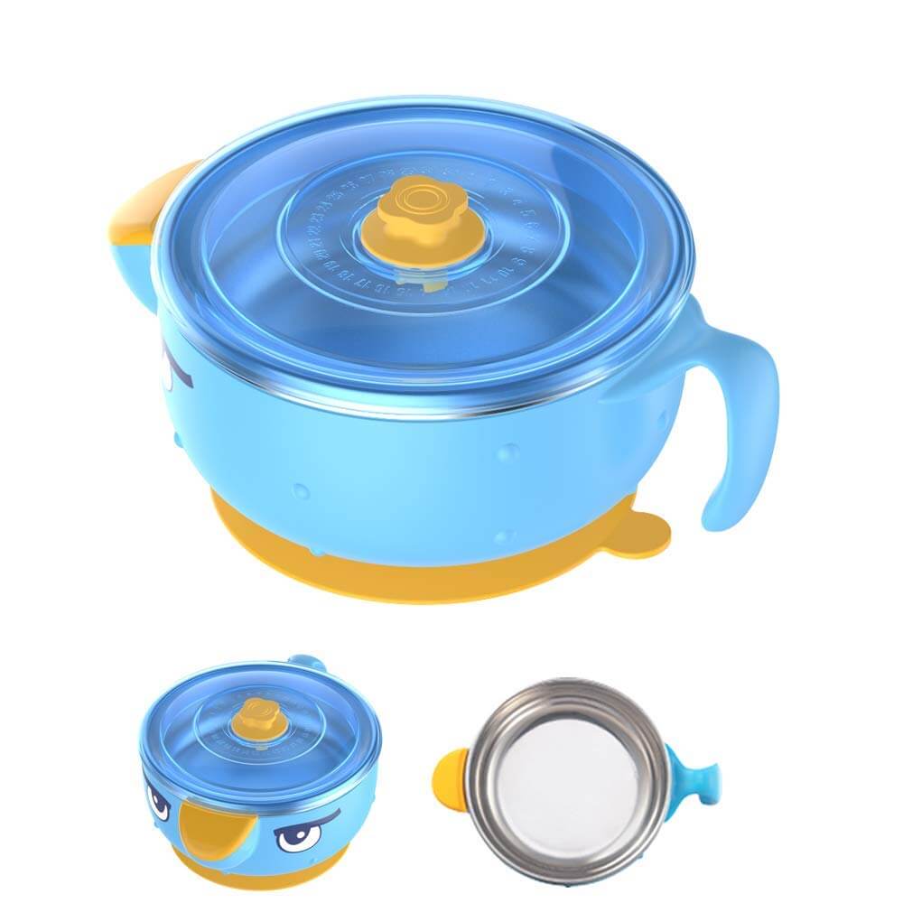 non-spill baby feeding bowl with anti-spill lid design