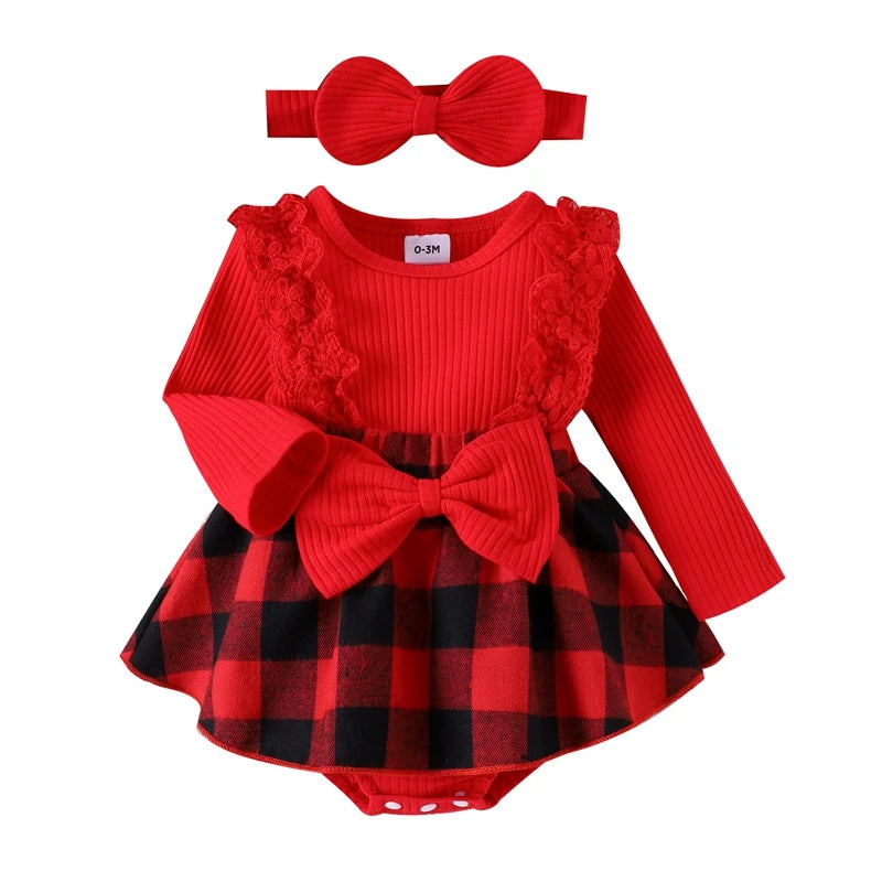 Baby girl Christmas style pit stripe splicing lace plaid triangle bag fart jacket set front view