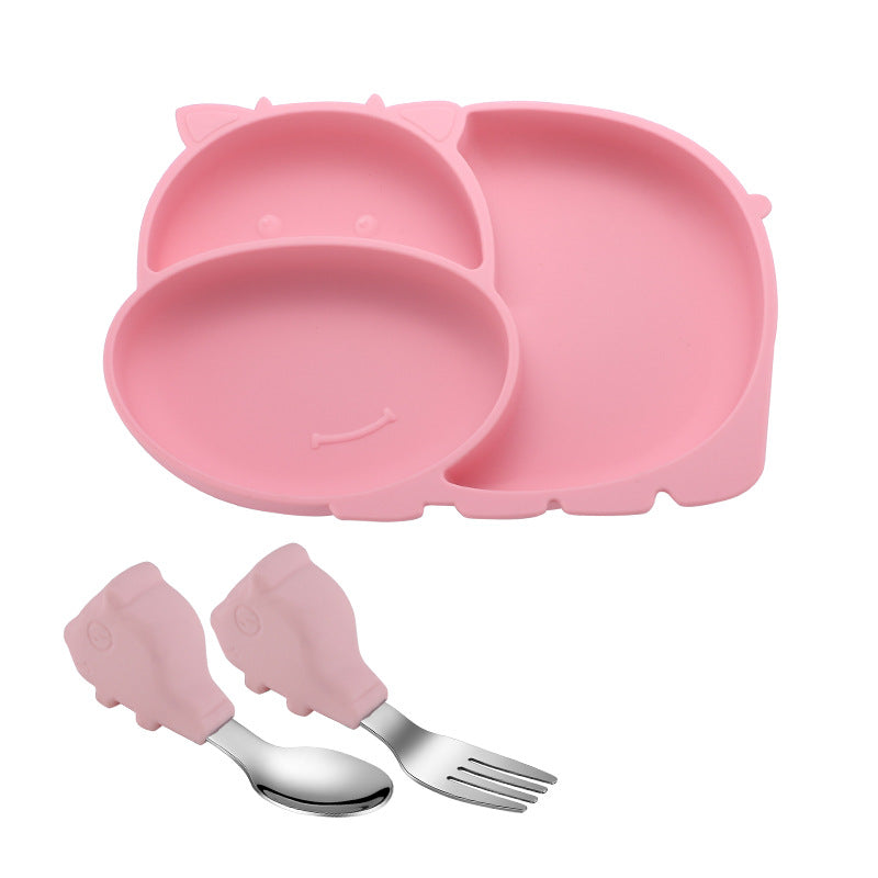 Side view of Silicone Baby Dinner Plate with fork and spoon
