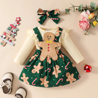 Baby Christmas long sleeved top suspender skirt set with matching hoodie