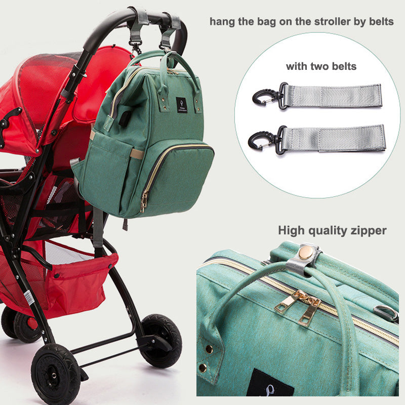 <img src="waterproof-usb-maternity-backpack-stroller.jpg" alt="Waterproof USB Maternity Backpack attached to stroller">