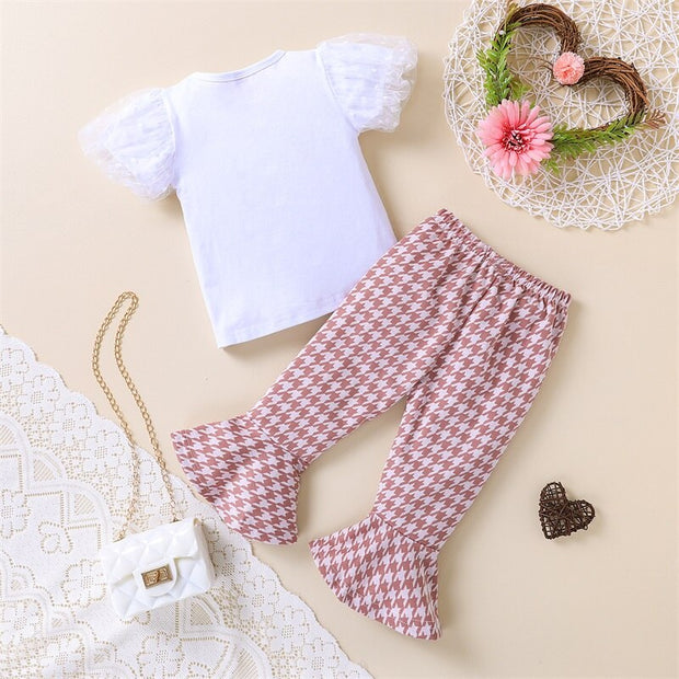 Baby Girls Two-Piece Clothes Outfit Mesh Dot Printed Short Sleeve T-Shirt + Flare Plaid Pants Children Clothes