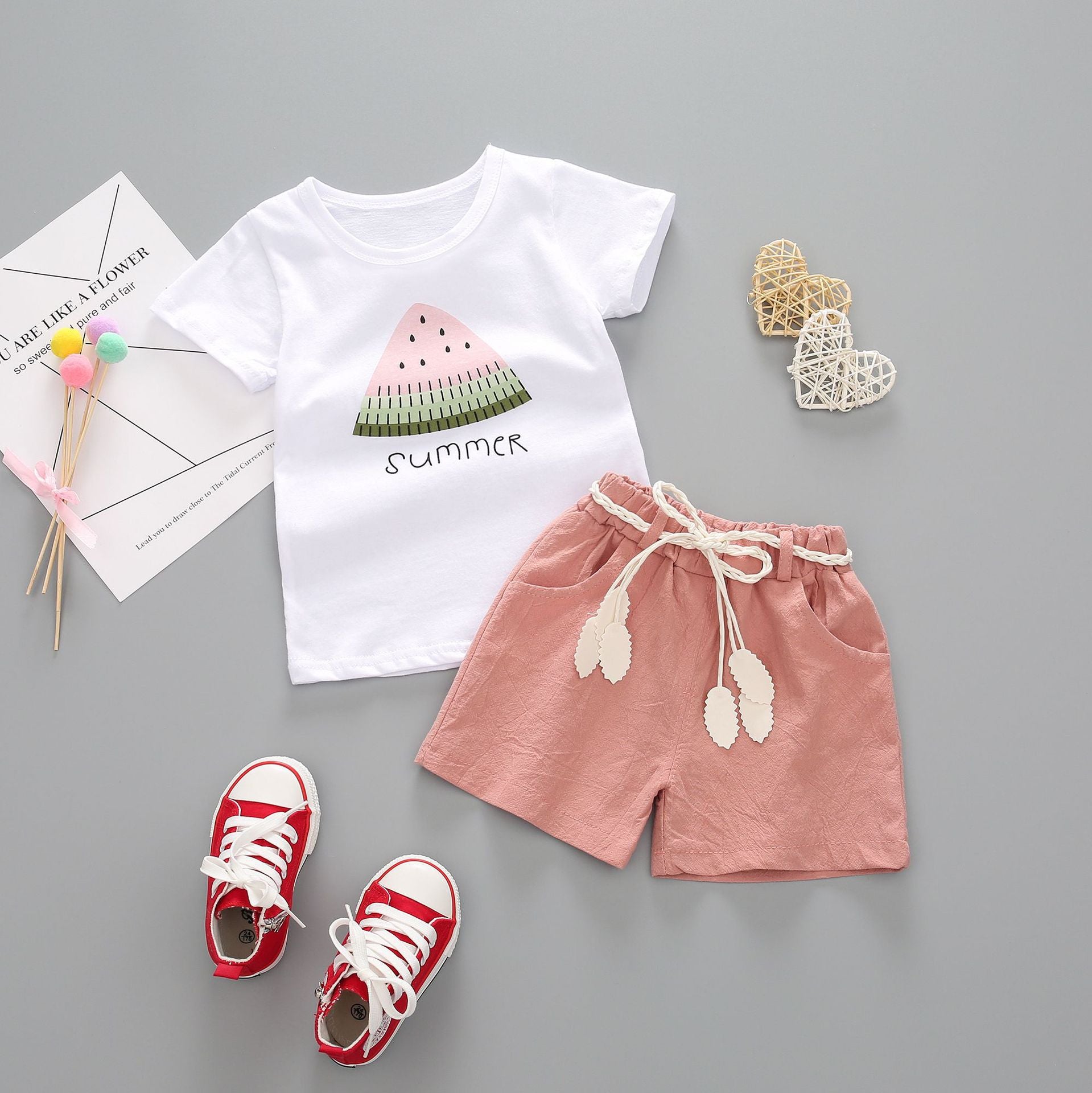 “Front view of Girls Summer Short Sleeve Suit in breathable cotton fabric”
