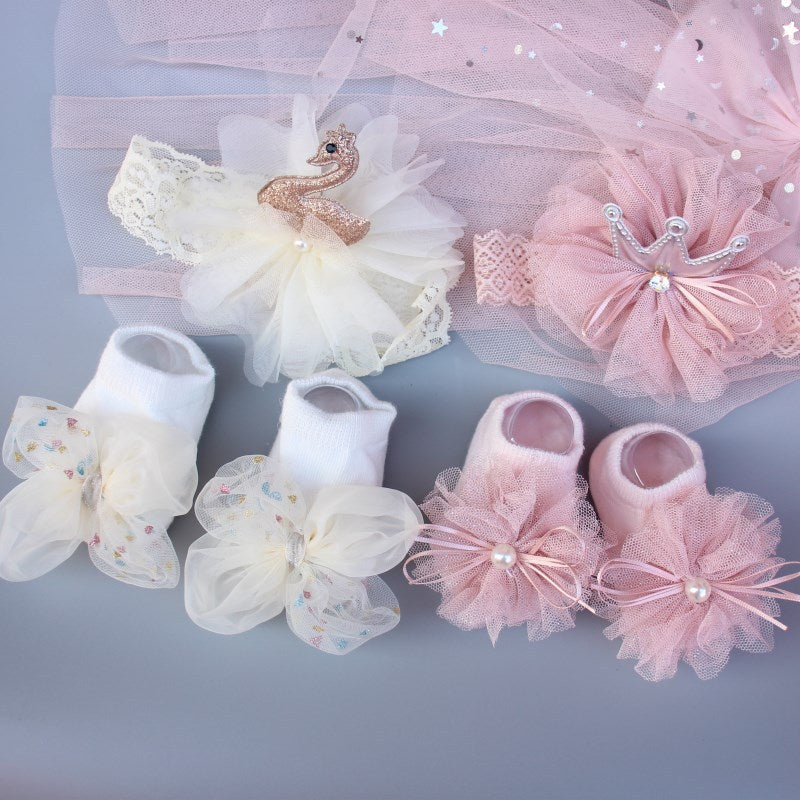 Pink Baby Headband Gift Set with swan crown and cozy socks