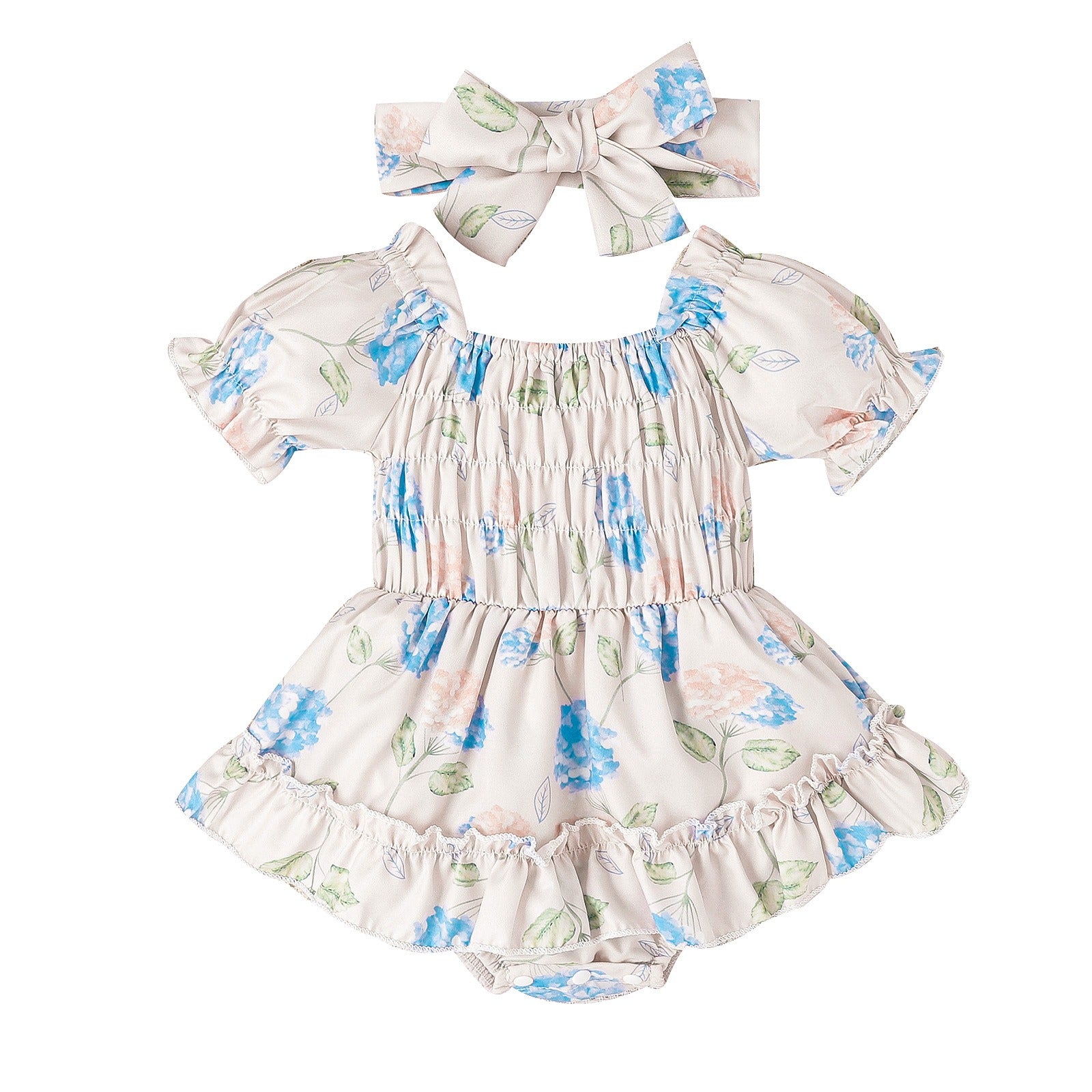 "Toddler in Baby and Toddler Two Color Floral Skirt Hem Jumpsuit playing outdoors"