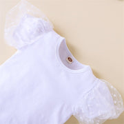 Baby Girls Two-Piece Clothes Outfit Mesh Dot Printed Short Sleeve T-Shirt + Flare Plaid Pants Children Clothes