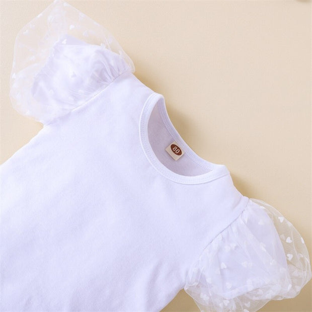 Baby Girls Two-Piece Clothes Outfit Mesh Dot Printed Short Sleeve T-Shirt + Flare Plaid Pants Children Clothes
