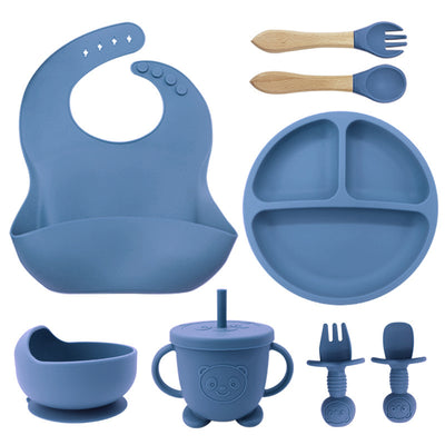 "Close-up of 8PCS Mother and Baby Silicone Bibs, Silicone Dinner Plates, Eight-Piece Set, Baby Food Training Suction Cup Bowl, Baby Divided Tableware Set"