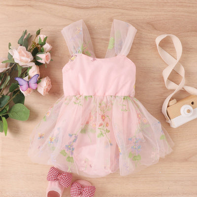 Adorable Girls' baby suspenders with embroidered mesh and flowers