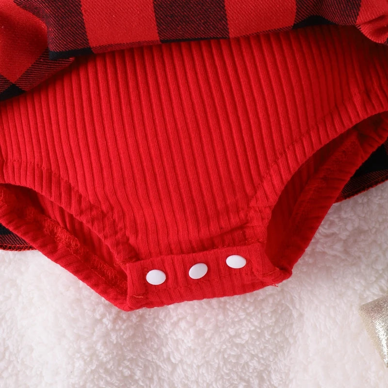 Holiday Baby girl Christmas style pit stripe splicing lace plaid triangle bag fart jacket set