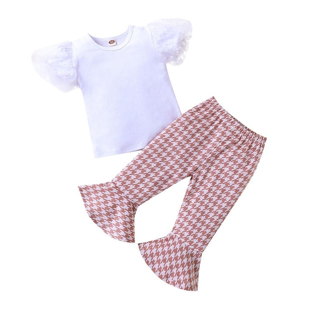 Baby Girls Two-Piece Clothes Outfit Mesh Dot Printed Short Sleeve T-Shirt + Flare Plaid Pants Children Clothes