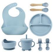 8PCS Mother and baby silicone bibs, silicone dinner plates, eight-piece set, baby food training suction cup bowl, baby divided tableware set
