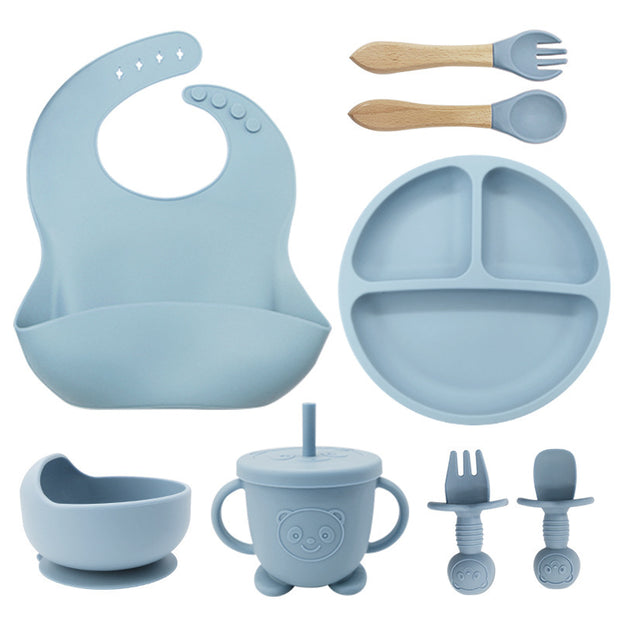 8PCS Mother and baby silicone bibs, silicone dinner plates, eight-piece set, baby food training suction cup bowl, baby divided tableware set
