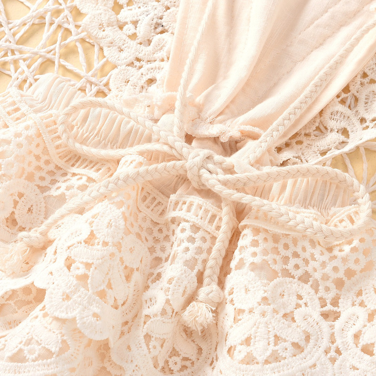 Soft cotton fabric of Solid Color Backless Lace Up Baby Jumpsuit